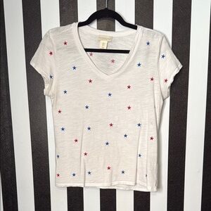 Cynthia Rowley Red‎ & Blue Star Embroidered V-Neck Tee Size Small 100% Cotton